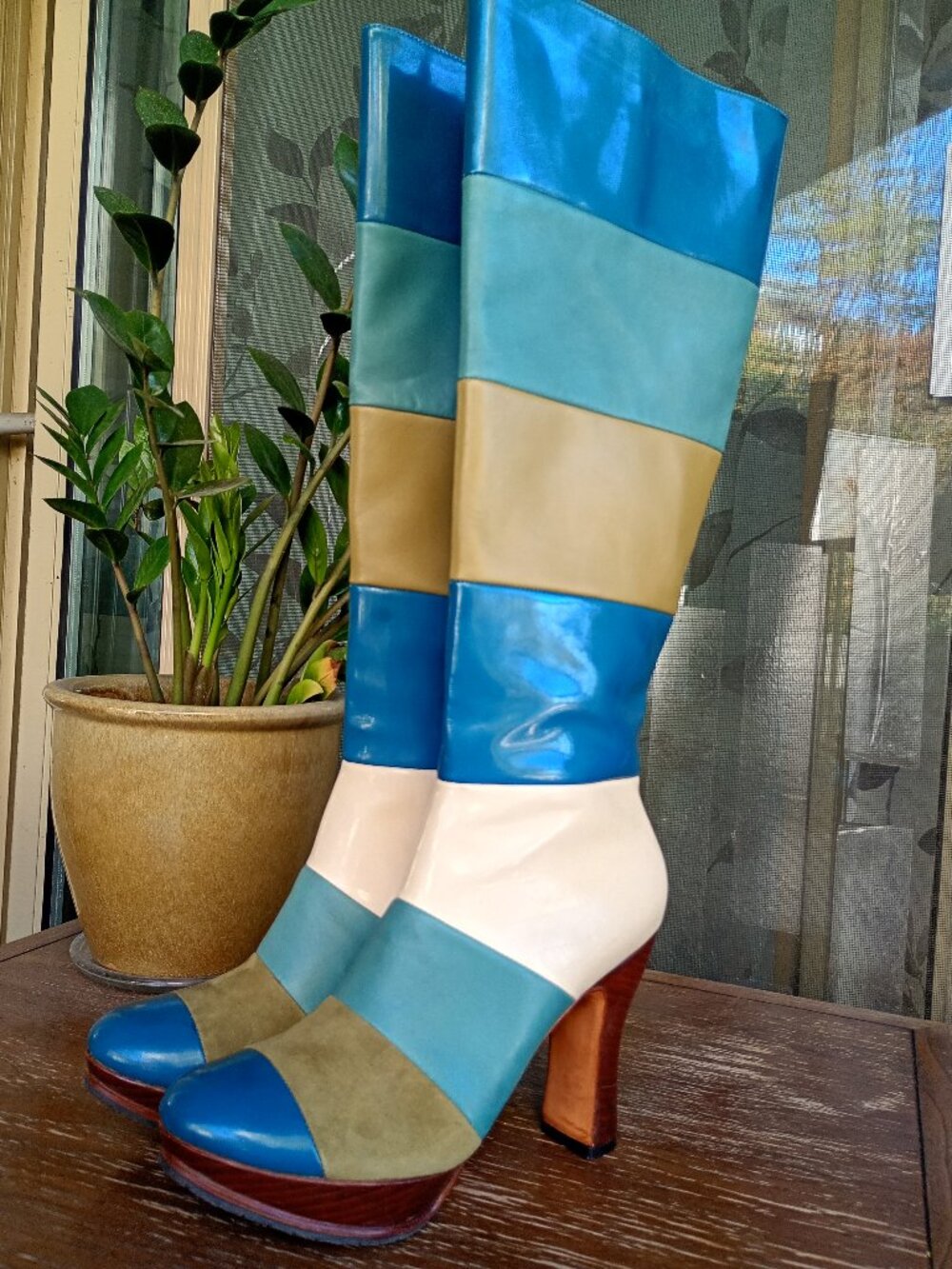John Fluevog Ishq Blue/Green/Ivory Miracles Platform Tall Boots Size 10